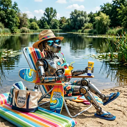 Mechanical Canine Lounging on Beach Chair by Tranquil Pond