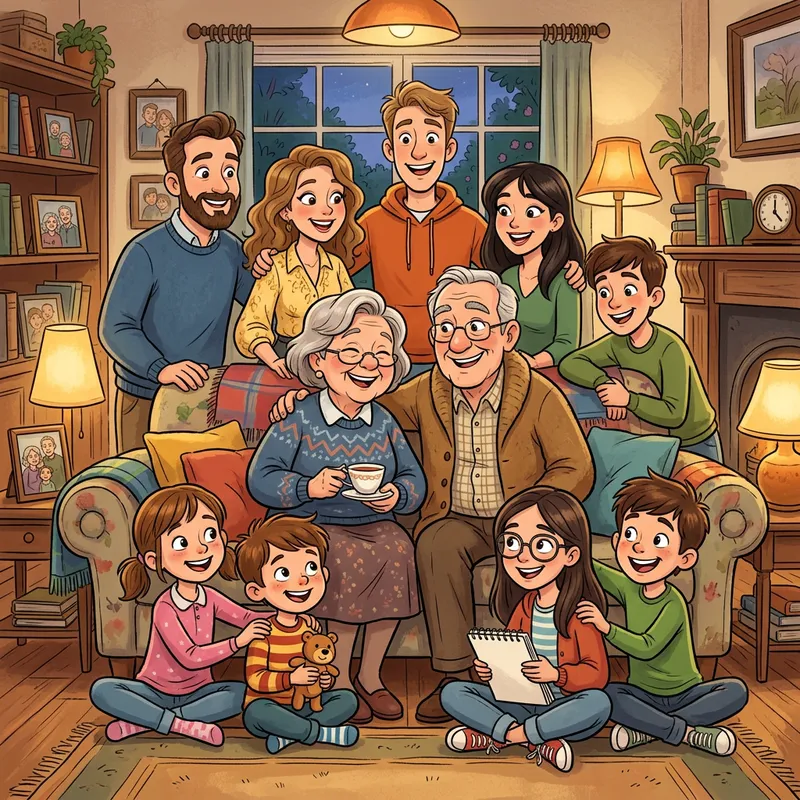 Family Cartoon with Loving Parents & 9 Children Family Cartoon with Loving Parents & 9 Children