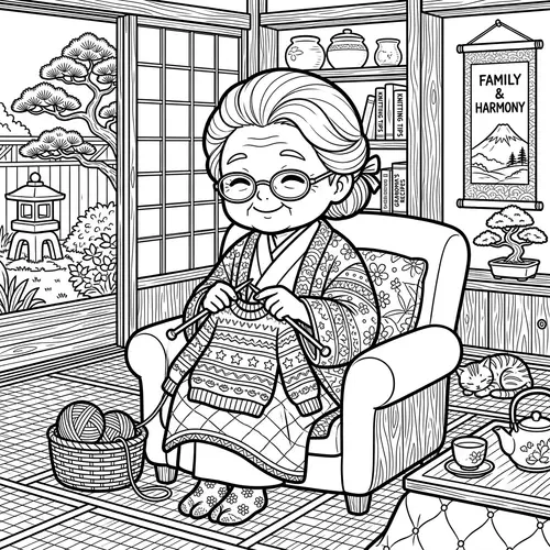 Kawaii-Style Silver-Haired Grandmother Knitting in Traditional Japanese Home