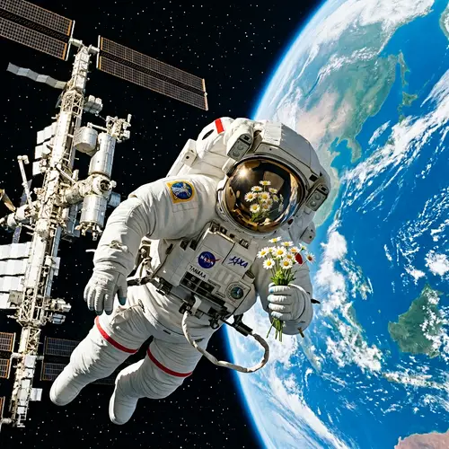 Asian Female Astronaut Smelling Chamomiles in Open Space