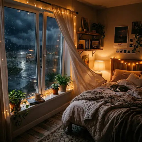 Cozy Lofi Bedroom on a Rainy Night