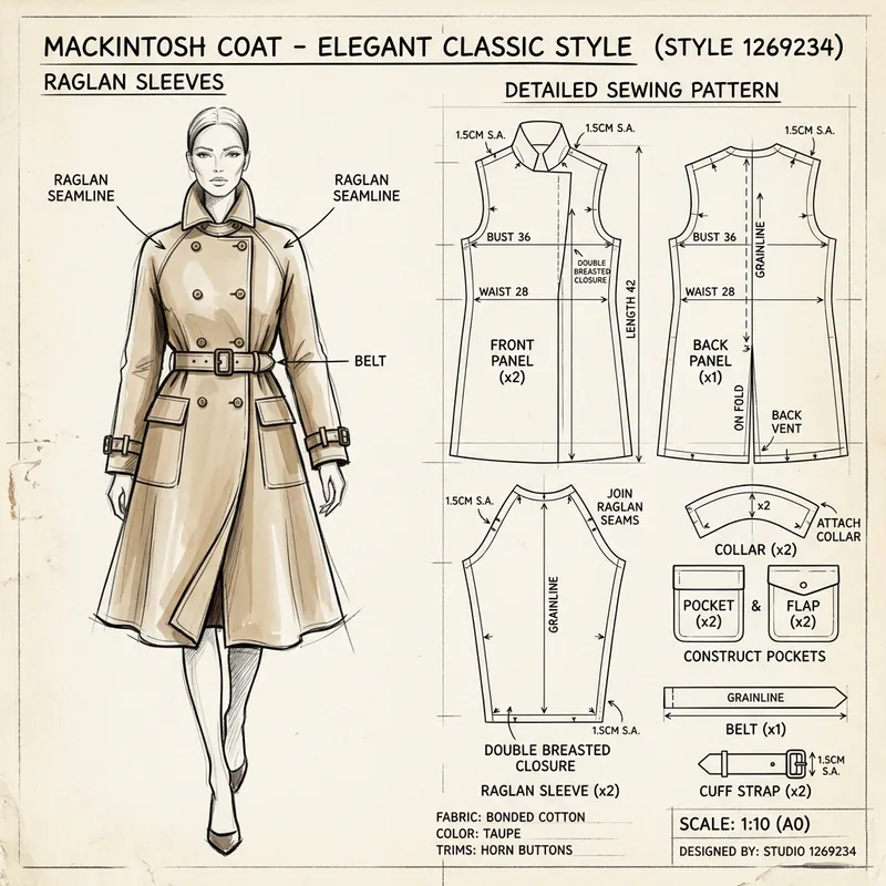 Elegant Mackintosh Coat Design with Raglan Sleeves Elegant Mackintosh Coat Design with Raglan Sleeves