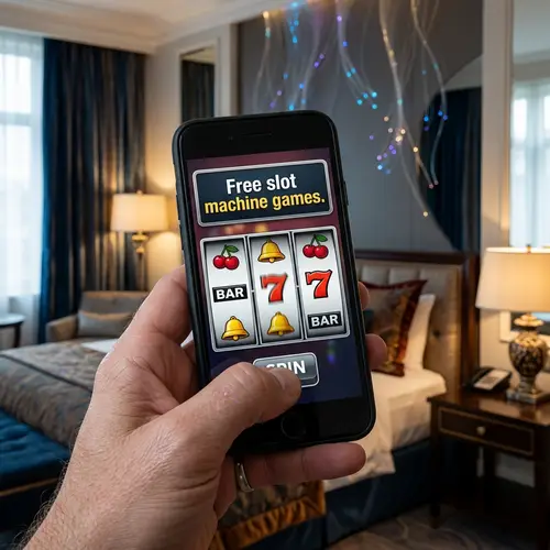 Hyper-Realistic Slot Machine Game on Black iPhone 7 in Luxury Hotel Room