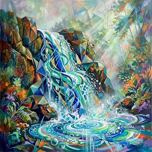 Abstract Waterfall Art: Vibrant Hues & Geometric Shapes