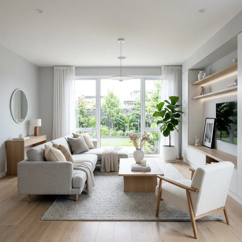 Contemporary Living Room Design | Light Grey & Beige Decor | 6x4m Size Contemporary Living Room Design | Light Grey & Beige Decor | 6x4m Size