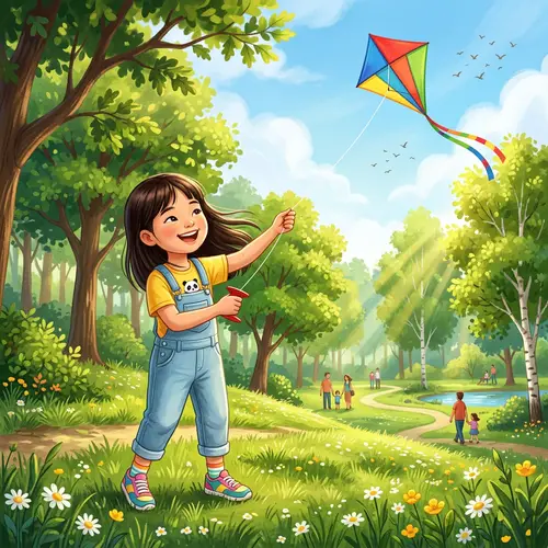 Young Asian Girl Flying Kite in Sunny Park