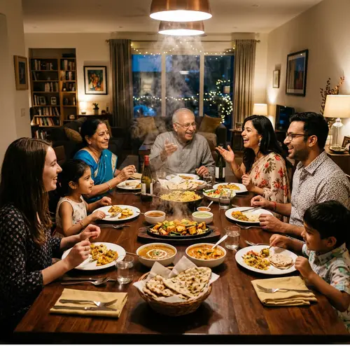 Modern Indian Family Dinner Celebration with Vegetarian Sizzlers