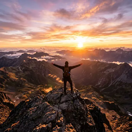 Solitary Figure on Mountaintop at Sunrise | Adventure-Inspired Scene
