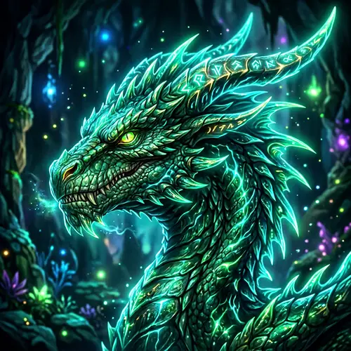 Profile View of Green Dragon Head with Neon Lighting Effects