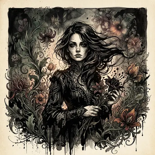 Mysterious Woman Ink Illustration | Fantasy Botanicals