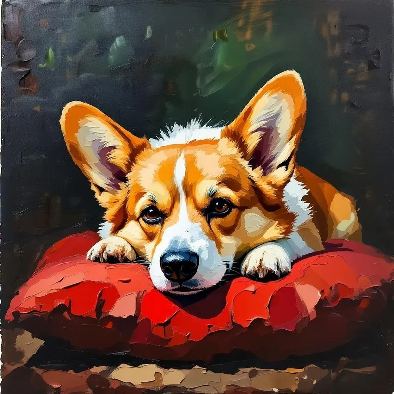 Charming Corgi on a Red Cushion – Impasto Painting