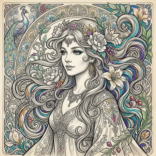 Elegant Art Nouveau Model Sketch with Vibrant Accents