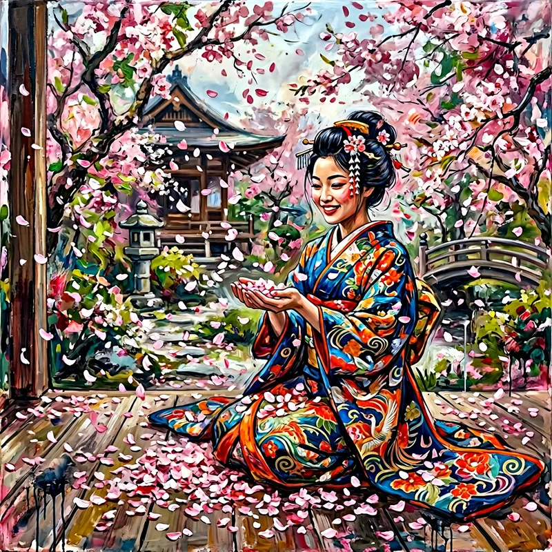 Vibrant Kimono Woman in Cherry Blossoms: Encaustic Art