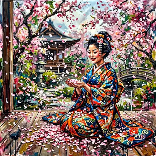 Vibrant Kimono Woman in Cherry Blossoms: Encaustic Art