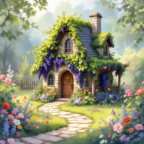 Enchanting Watercolor Garden Stone House Art