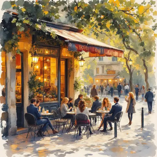 Charming European Café Scene - Oil Painting Masterpiece