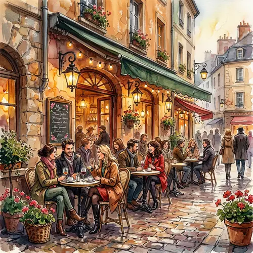 Charming European Café Scene - Oil Painting Masterpiece