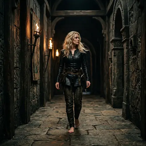 Seductive Blonde Woman in Black Leather Bikini – Fantasy Cinematic Scene