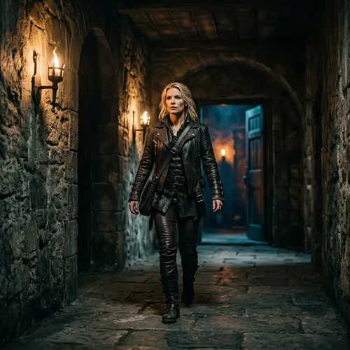 Confident Woman in Dark Leather Outfit Walking to Mysterious Dungeon