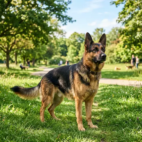 Relaxed German Shepherd in Lush Green Park | Playful Shadows