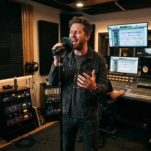 Passionate Male Singer in Modern Recording Studio