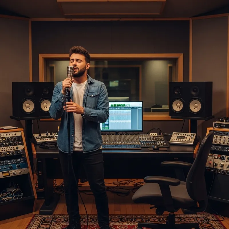 Passionate Male Singer in Modern Recording Studio