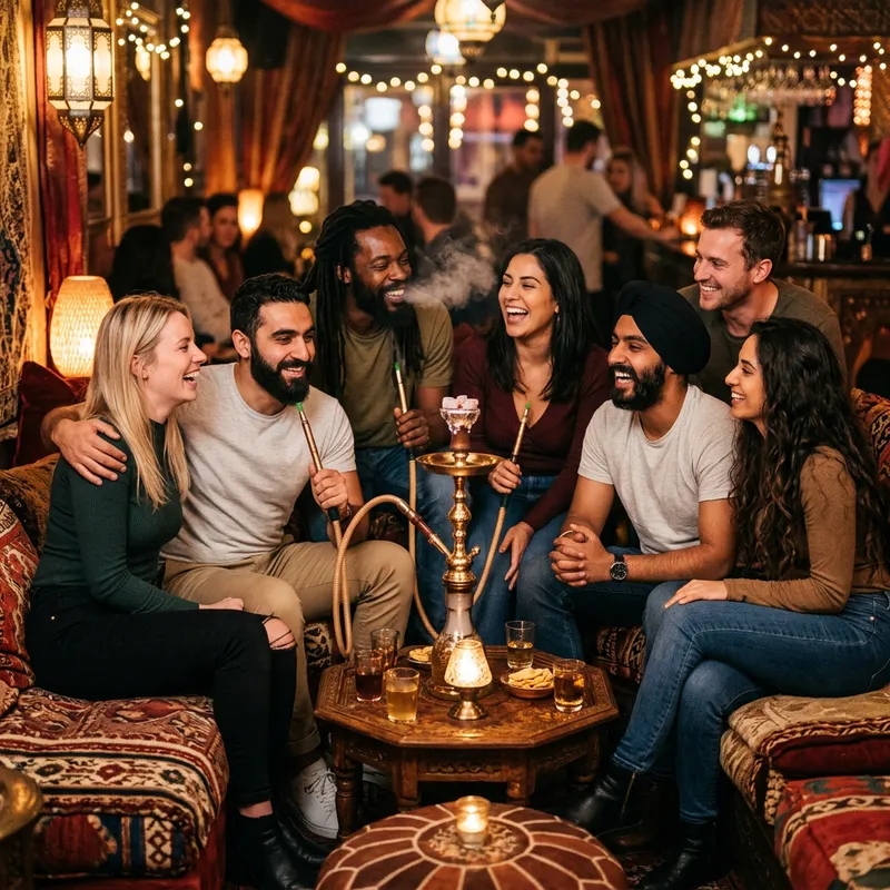 Vibrant Scene of 7 Friends Embracing Quality Time at Hookah Bar Vibrant Scene of 7 Friends Embracing Quality Time at Hookah Bar