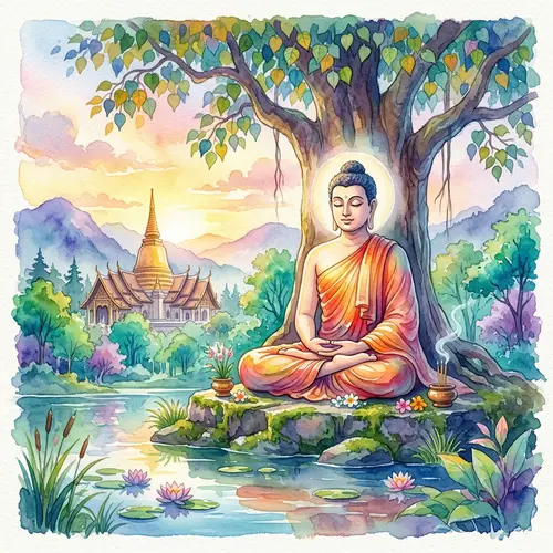 Serene Buddha Watercolor Art | Peaceful Temple Scene