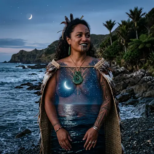 Maori Woman Art with Moon and Water Elements