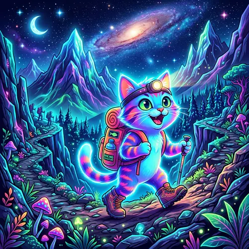 Fluorescent Cartoon Cat in Hiking Gear