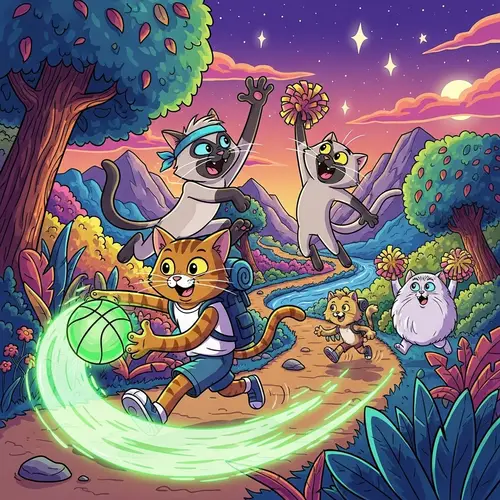 Fluorescent Cartoon Cat in Hiking Gear