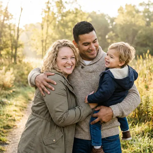 Lovely Family Embrace: Muscular Man, Curvy Woman, and Child