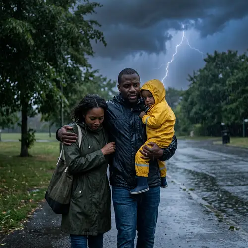 Black Family Under Storm: Muscular Man, Slim Woman, Child
