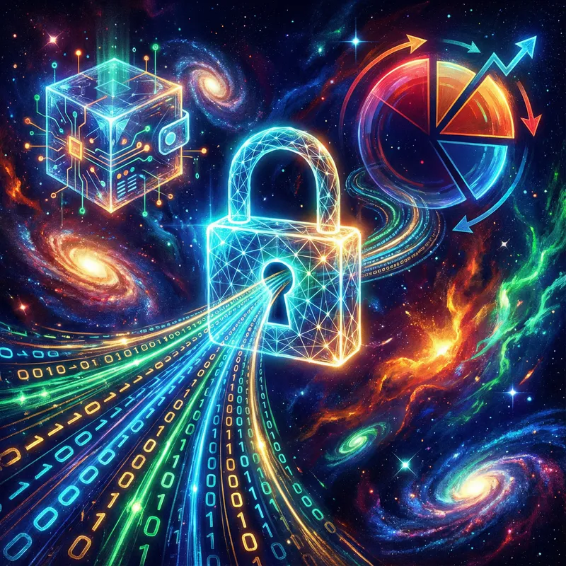 Cryptocurrency Art: Digital Padlock, Wallet & Market Chart Cryptocurrency Art: Digital Padlock, Wallet & Market Chart