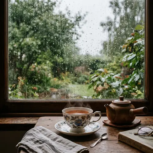Tranquil Rainy Season Window View | Tea and Comfort