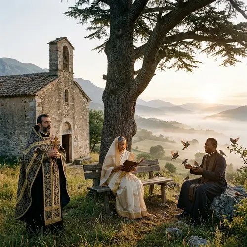 Three Priests in a Serene Landscape