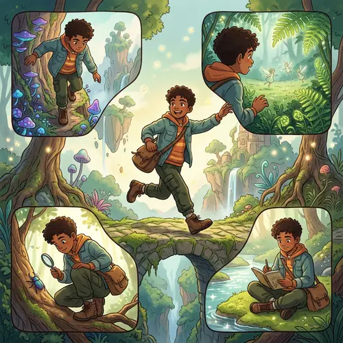 Diverse Young Boy in Adventurous Poses Against Dreamy Illustrations
