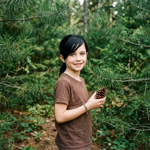Caucasian Girl with Striking Blue Eyes and Pine Cone Amidst Lush Pine Branch Backdrop