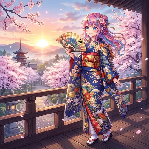 Colorful Anime Character in Traditional Kimono with Sakura Trees