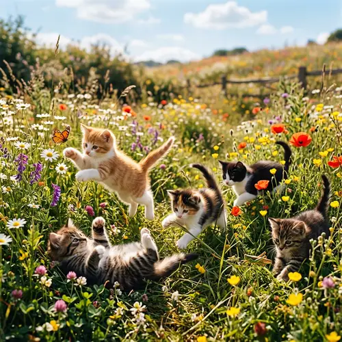 Playful Kittens in a Sunny Flower Meadow