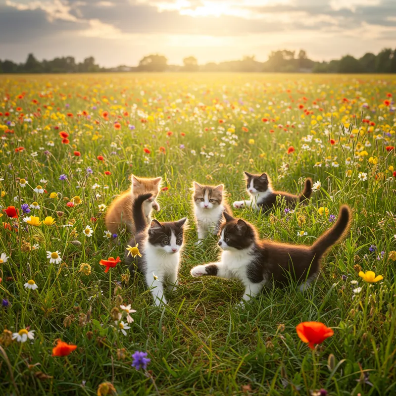 Playful Kittens in a Sunny Flower Meadow