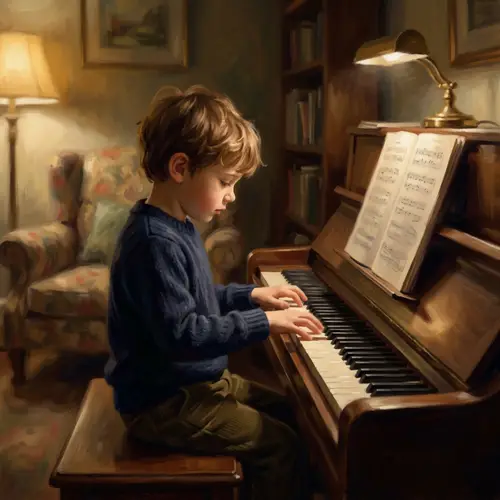 Impressionistic Digital Painting of Boy Playing Piano in Dimly Lit Room