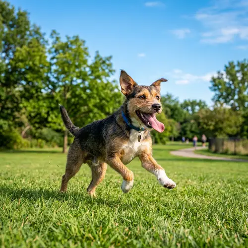 Playful Mixed Breed Dog Running in Grass - Joyful Pet Action