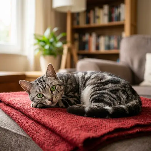 Elegant Tabby Cat Relaxing | Green Eyes & Cozy Blanket
