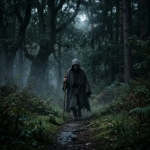 Mysterious Figure in Dark Forest