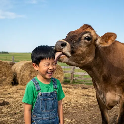 Brown Cow Licking Boy's Head - Heartwarming Farm Interaction