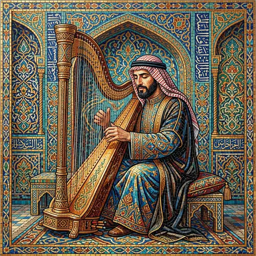 Male Middle-Eastern Harpist Mosaic Art | Musician Plucking Melodious Notes