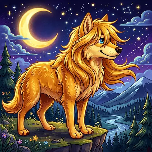 Golden Cartoon Wolf: Noble and Friendly