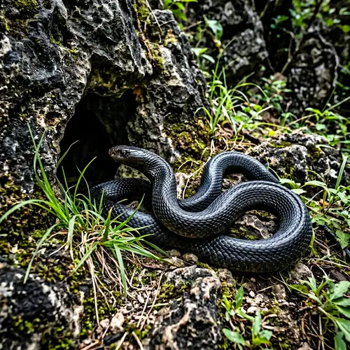 Sleek Black Snake Descending into Rock-hole