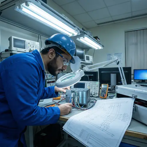 Middle Eastern Engineer Maintaining PLC in Electronics Lab